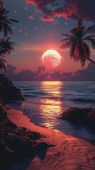 Moonlit Beach With Palm Trees