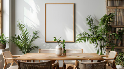 
Stylish composition of cozy dining room intrerior with mock up poster frame, wooden family dining table, plants and vintage personal accessories