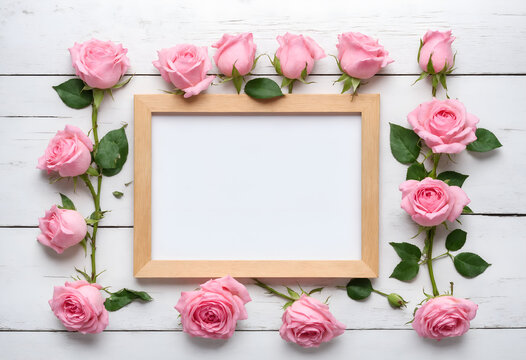 Pink rose flowers with photo frame for text