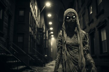 Shadowy Mummy night street portrait. Scary monster undead with creepy eyes. Generate Ai - 771782361
