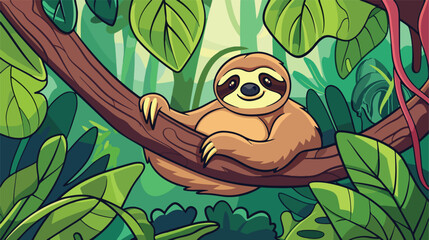 A sloth with  sits on a tree in the jungle. Colorin
