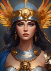 Goddess Athena, volumetric cartoon oil paint, gray eyes, dark hair, Corinthian helm, 2D book...