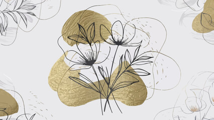 Elegant Cosmo Floral Art: Minimalist Charcoal Illustration Enhanced with Gold Gesso