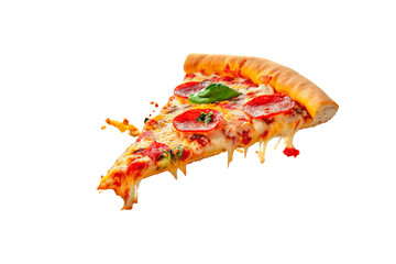 Template with delicious tasty slice of pizza with cheese melting off it flying on white background.