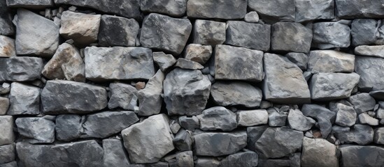 A detailed closeup of a stone wall constructed with large rocks, showcasing the intricate patterns and textures of the building material