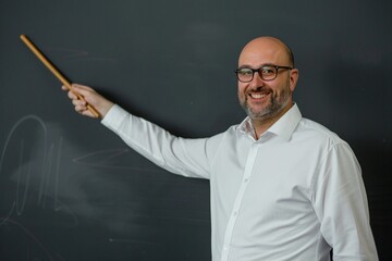 Engaged Educator: A smiling male teacher, bathed in a spotlight, confidently points with a wooden stick at a blank whiteboard, ready to captivate his students