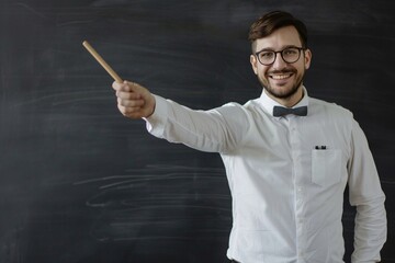 Classic Classroom Charm: A black background sets the scene for a timeless tableau – a smiling male teacher, pointer in hand, stands before a blank whiteboard, ready to share knowledge