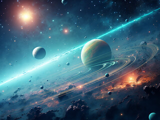 Planets scattered across the cosmic backdrop. AI Generation.