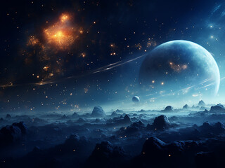 Planets shining in the universe. AI Generation.