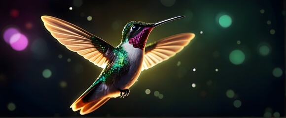 A beautiful hummingbird surrounded by flashing green lights. - obrazy, fototapety, plakaty