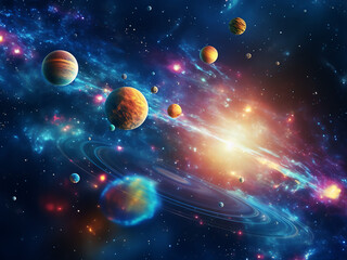 Brilliant planets amid a cosmic background. AI Generation.
