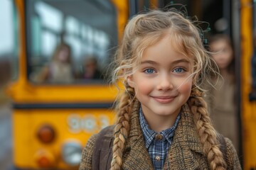 Excited student at bus stop: eager learner prepared to board the school bus.
