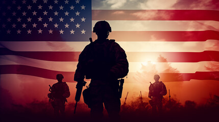 USA soldier silhouettes, flag, graphic design. - obrazy, fototapety, plakaty