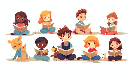 Adorable little boys and girls sitting and reading