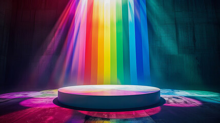 Empty white podium on rainbow flag background with spotlight for product display presentation, pride month theme - obrazy, fototapety, plakaty