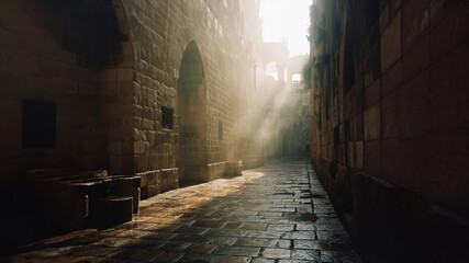 A low-angle shot of an empty street in Jerusalem in the early morning. Sunlight eluminates the...