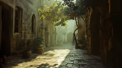 A back alley in an ancient city like Bethlehem, Jerusalem or Rome with a small tree giving shade and pleasant flavor of green. Empty scene.  - obrazy, fototapety, plakaty