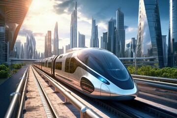 High-Speed Electric Train in Urban Landscape, Eco-Friendly Transport Concept