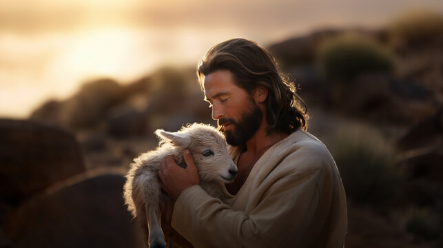 Jesus the shepherd and a newborn lamb at the brink of dawn. Herd of sheep. Caring and tender. Shepherd holding lamb. Real photo