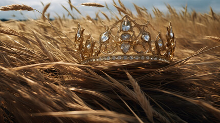 A royal crown of a princess. Adorned with white diamonds and placed in a ripe field od wheat. - obrazy, fototapety, plakaty