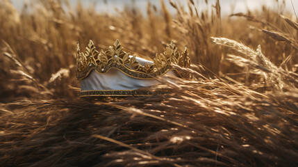 A royal crown of a princess. Adorned with white diamonds and placed in a ripe field od wheat.