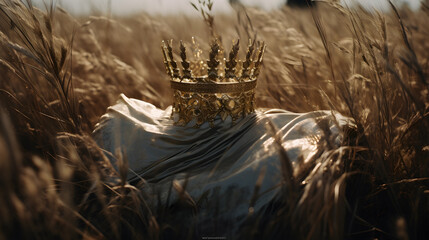 A royal crown of a princess. Adorned with white diamonds and placed in a ripe field od wheat.