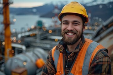 Portrait of a male employee on oil platform at sea. A young confident smiling man in bright uniform and safety hard hat standing at the edge of oil rig platform. - obrazy, fototapety, plakaty