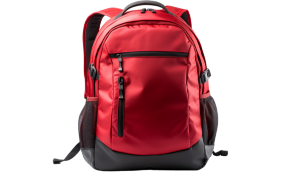 A vibrant red backpack with sleek black straps and a zipper, ready for new adventures