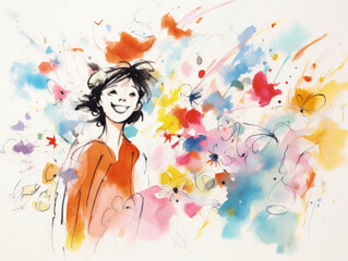 Obraz na płótnie Canvas Doodle, scribble of happy woman, vivid bright children's drawing. Girl's power, feminism.