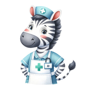 recommend clip art: Watercolor cute zebra in nurse suit. Nurse day concept.