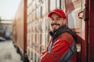 Portrait of a positive smiling Caucasian man in cargo terminal. Logistic manager against sea cargo containers background. Inspector or safety supervisor in container terminal.