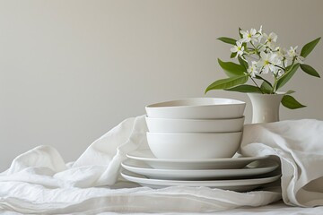 White still life. White dishes and a flower in a vase on a light background