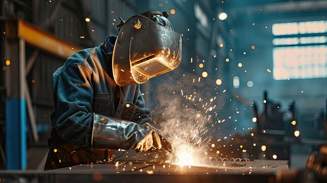 Sculptor Using Arc Welding to Assemble Metal Sculpture