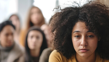 A young adult multi-ethnic dark-skinned woman is sad, victim of bullying among office colleagues or students, people behind her, student life or office and everyday life, being excluded