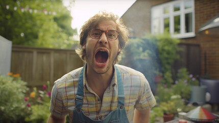 A Caucasian man in the garden of a single-family house in the summer at a barbecue or a neighborly dispute, shouting and screaming and shouting, anger and problems and excitement