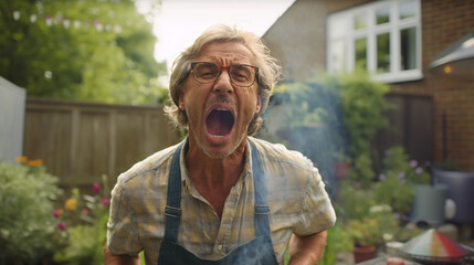 A mature Caucasian man in the garden of a single-family house in the summer at a barbecue or a neighborly dispute, shouting and screaming and shouting, anger and problems and excitement, glasses