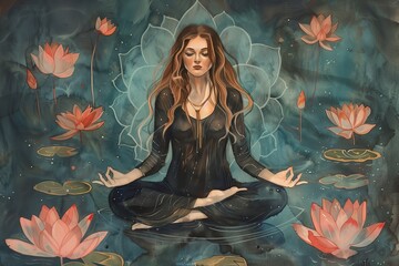 Young, beautiful woman meditates in a lotus position, seeking inner peace and tranquility.