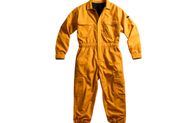 A stylish yellow coverall featuring a contrasting black collar, creating a bold and modern look