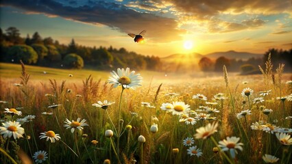 A lot of chamomile in summer meadow in nature in sunshine at sunset and a flying bumblebee. Beautiful summer landscape with field of daisies in golden colors of sunset. Summer wallpapers.