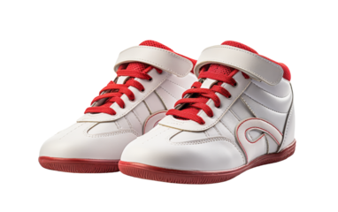 A pair of white shoes adorned with vibrant red laces, standing elegantly side by side