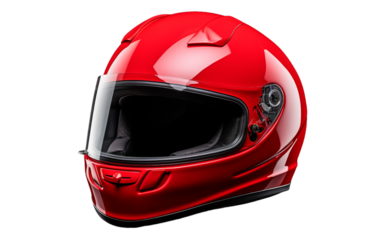 A vibrant red motorcycle helmet rests elegantly on a pristine white background