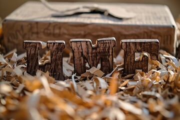 Wooden letters sitting on brown shredded paper forming the words Home sweet home