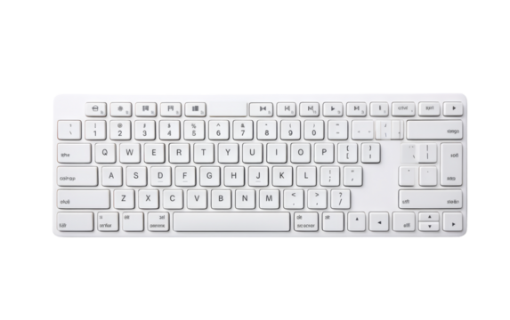 A white keyboard elegantly sits on a white background, creating a minimalist and harmonious composition