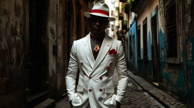 Ze Pilintra Umbanda Quimbanda Entity Trickster Malandro Walking in morro of favela of Rio de Janeiro 