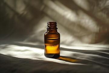 A brown bottle of aromatherapy essential oil on a table with sunlight and shadows - 771788934