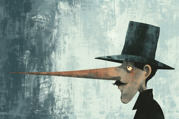 Illustration of a man with long nose suggesting that he is a liar - obrazy, fototapety, plakaty