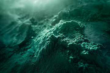 Green spirulina algae powder, close up. Healthy nutritional supplement. - obrazy, fototapety, plakaty