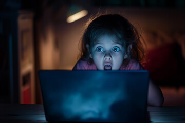 Scared child looking at a laptop screen. Internet safety concept. - 771788966