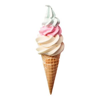 Soft Serve Ice Creams cone with three flavors on a transparent background