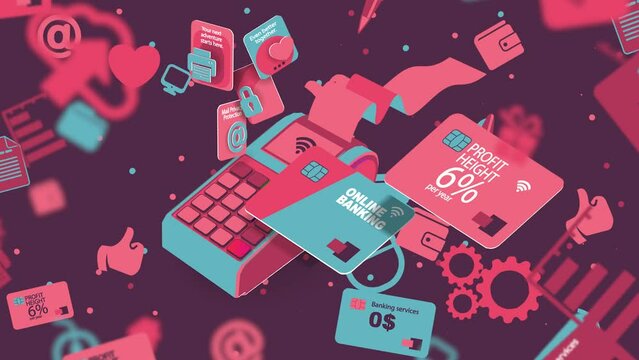 A colored pattern of a payment terminal and pink bank icons 